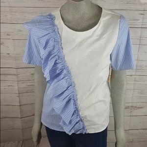 Hallogen Top  White Blue Ruffled  Short Sleeve Top
